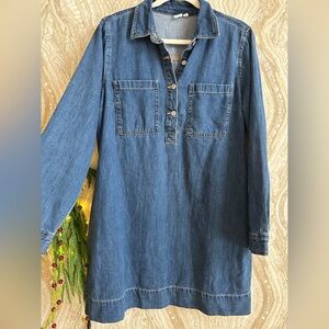 GAP womens M relaxed Denim Shirt DRESS Pockets 34” Long Doubled Hem